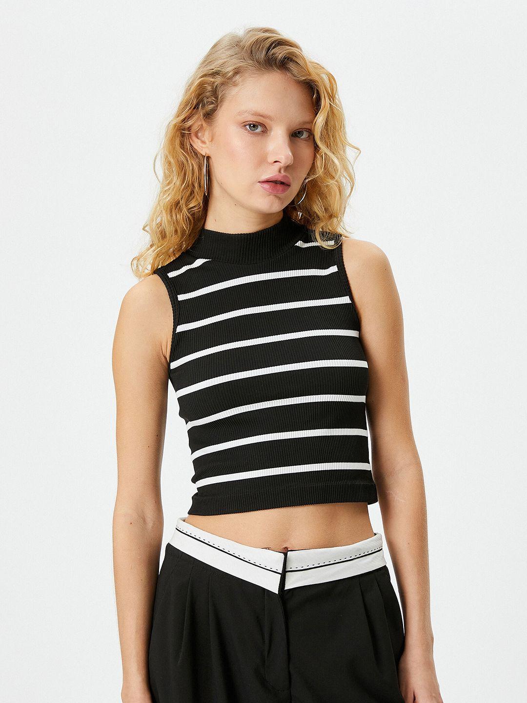 koton striped high neck sleeveless fitted crop top