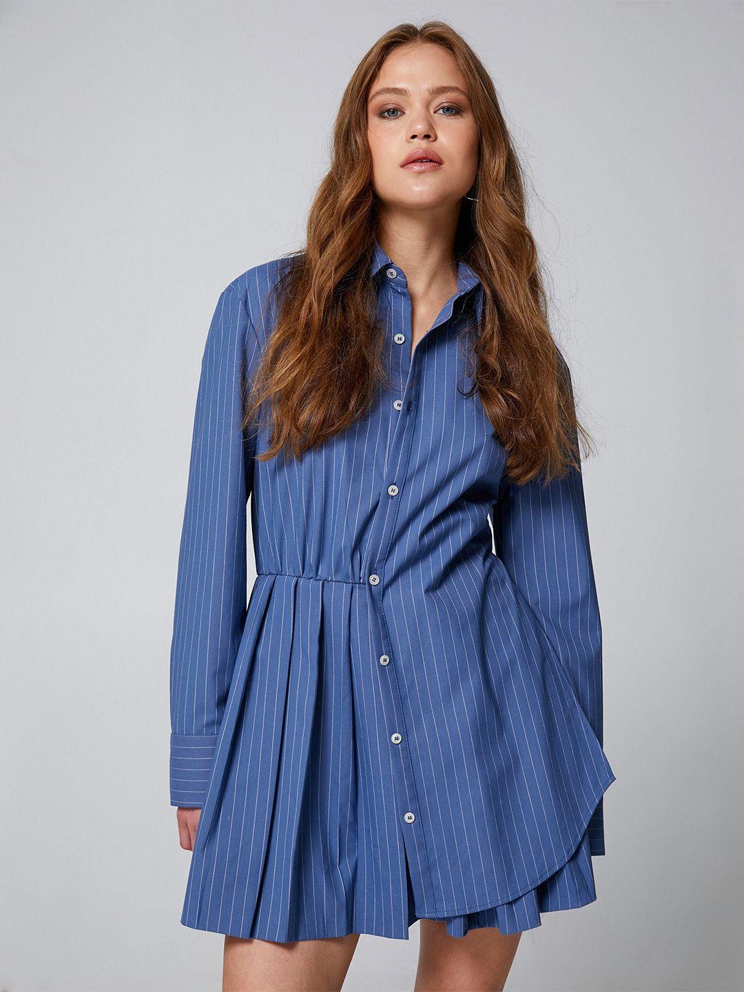 koton striped shirt collar pleats detail shirt dress
