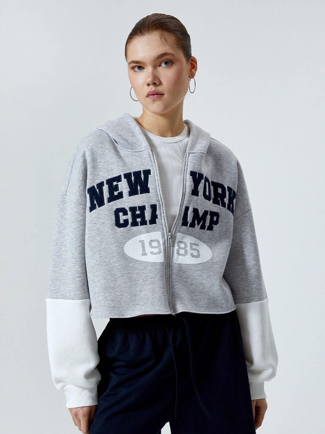 koton typography printed hooded crop front-open sweatshirt
