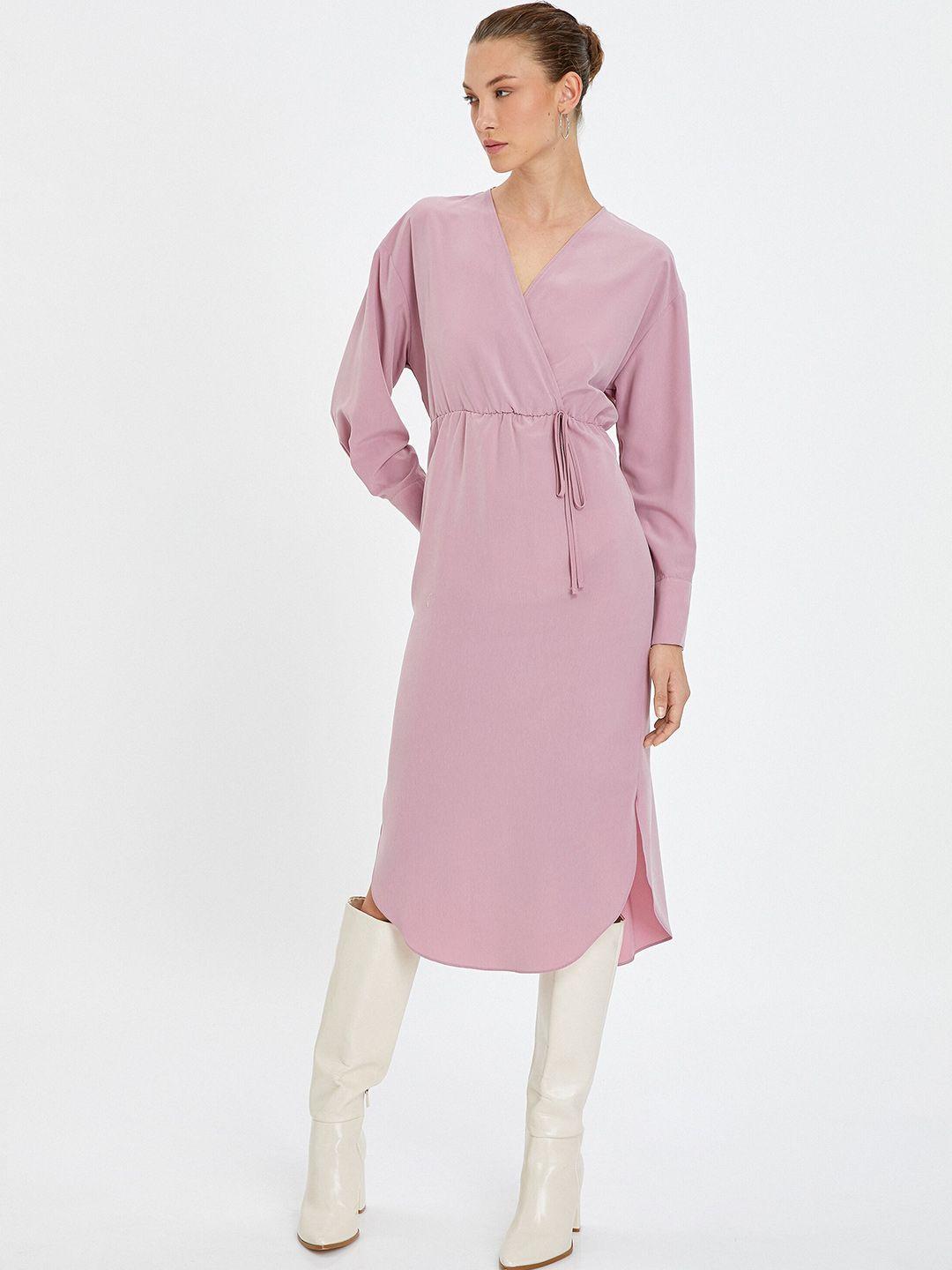 koton v-neck cuffed sleeves a-line midi dress