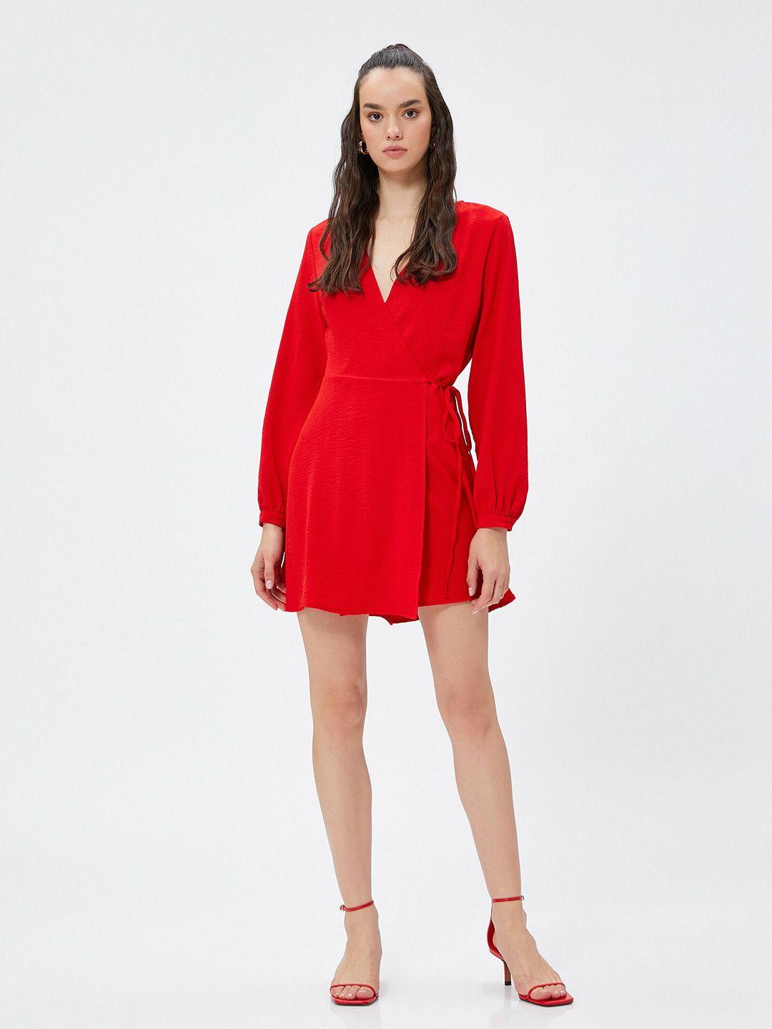 koton v-neck cuffed sleeves tie-ups detail wrap dress