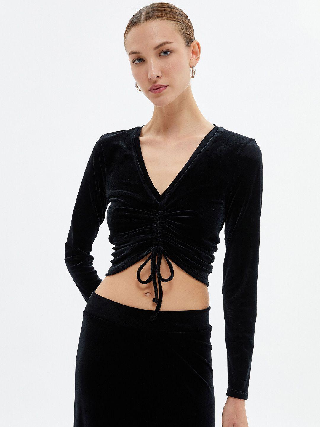 koton v-neck long sleeves tie up ruched fitted crop top