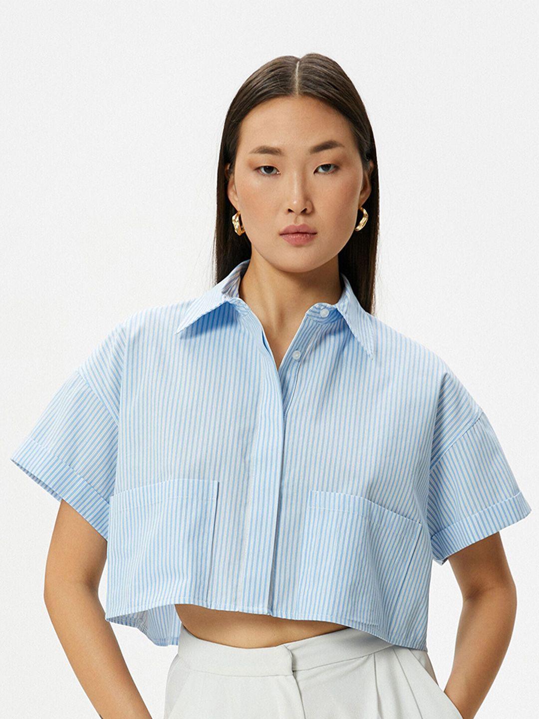 koton vertical stripes spread collar long sleeves cotton crop casual shirt