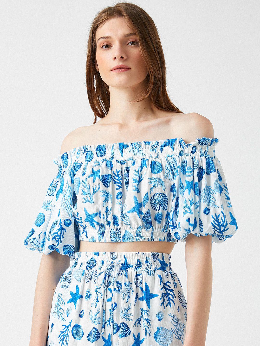 koton white & blue abstract print off-shoulder crop top