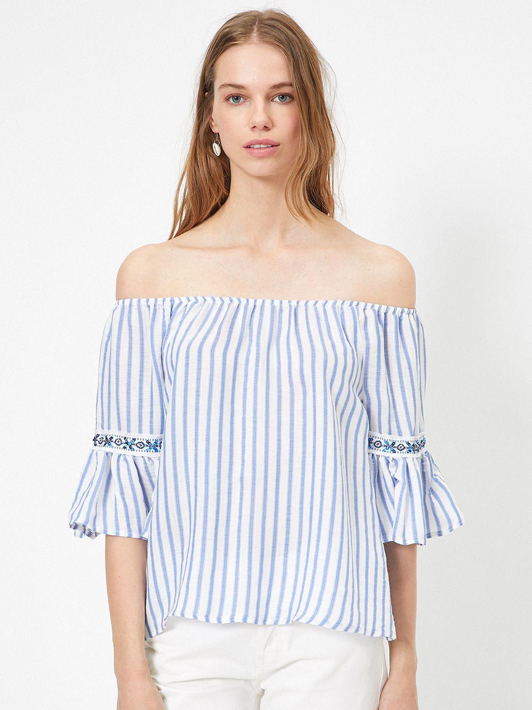 koton white & blue striped off-shoulder bardot top