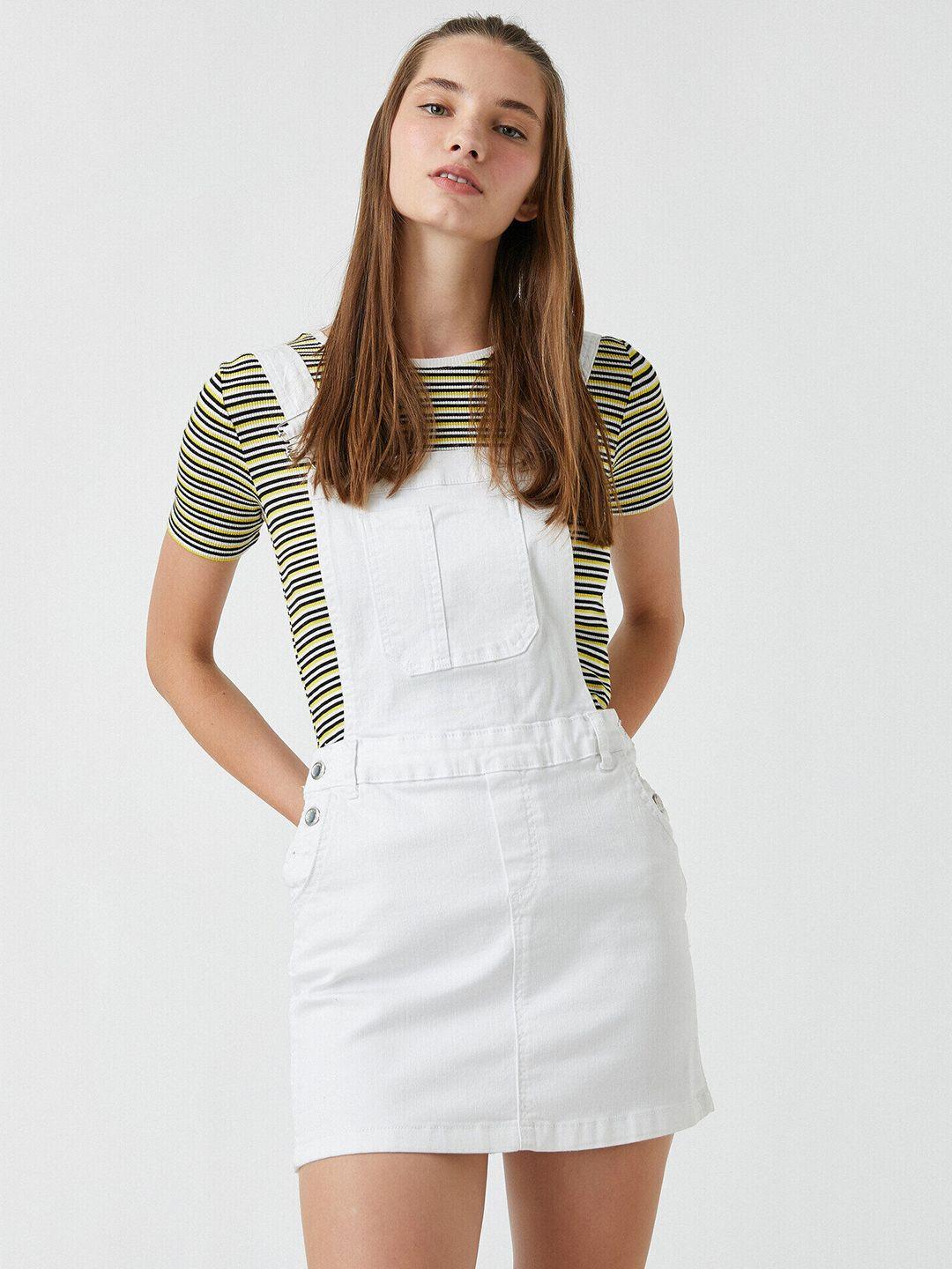 koton white solid denim pinafore mini dress