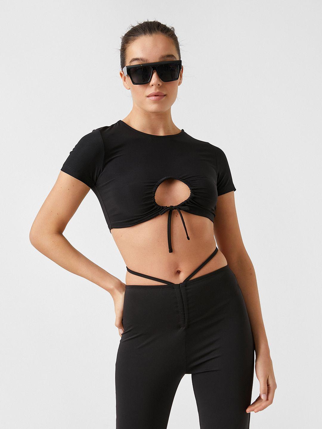koton women black solid cut-out detail fitted crop top