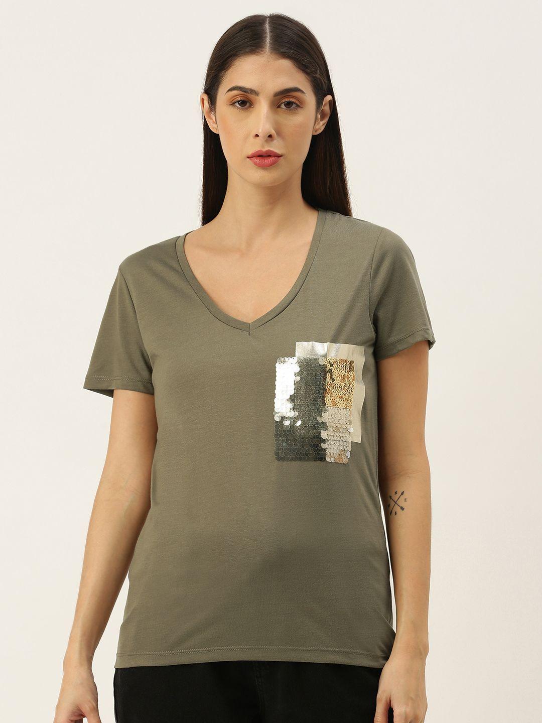 koton women khaki embellished t-shirt