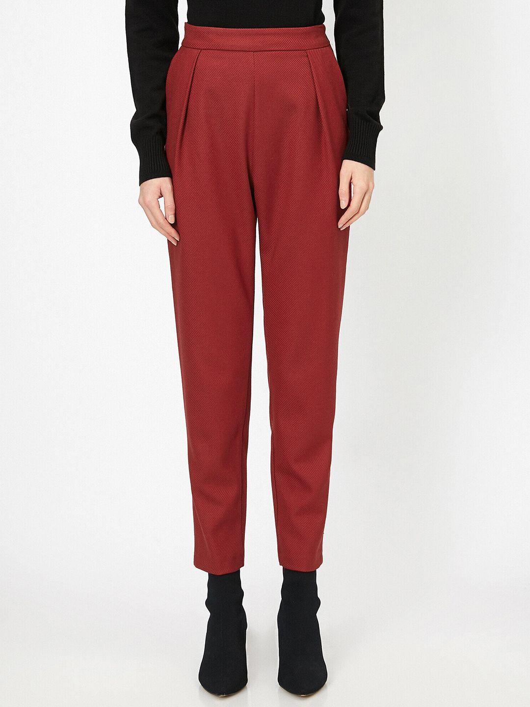 koton women maroon solid high-rise pleated trousers