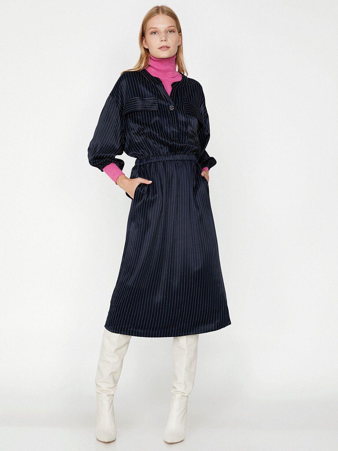 koton women navy blue & white striped puff sleeves a-line midi dress