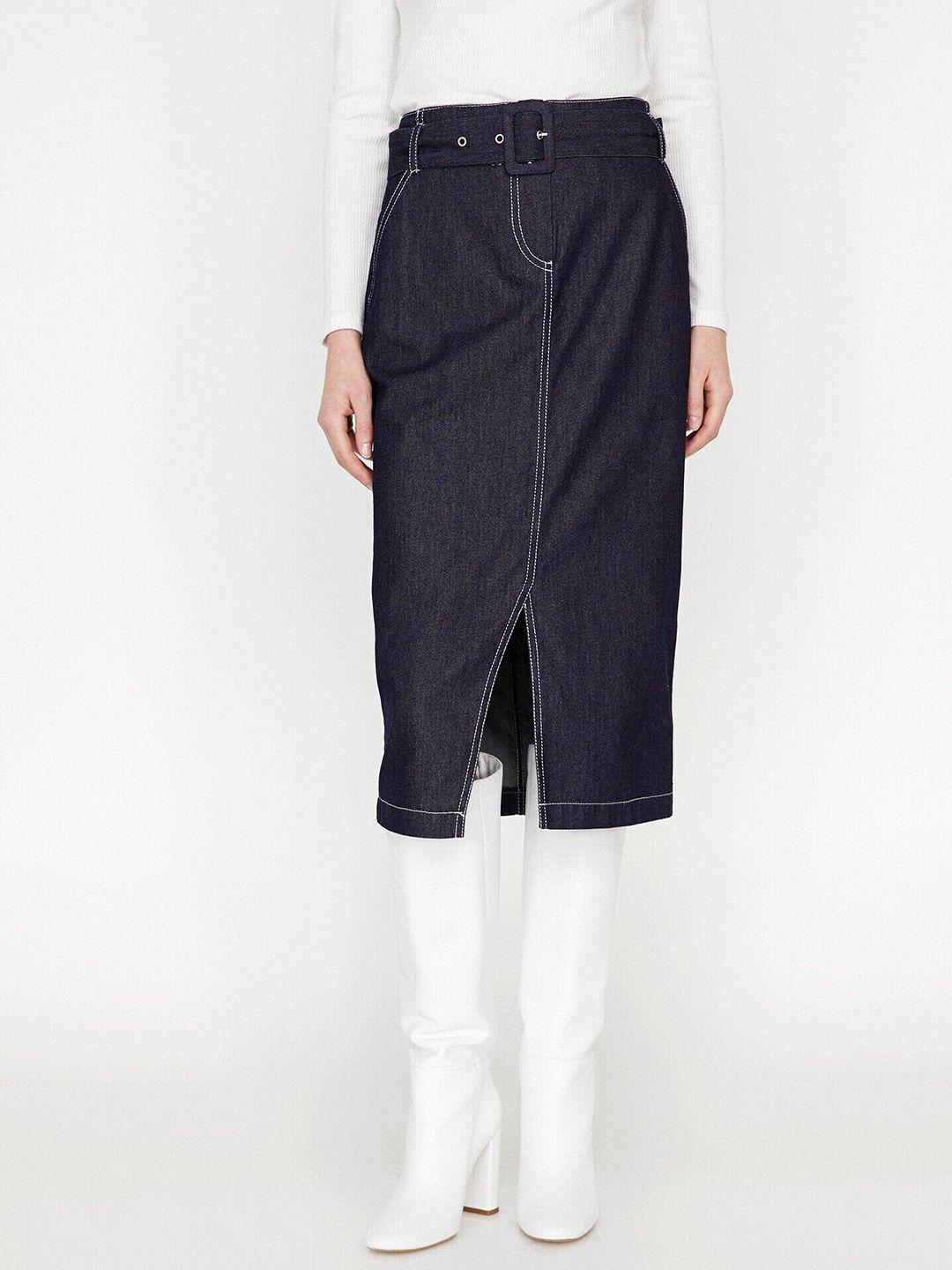 koton women navy blue solid pure cotton straight denim midi skirt