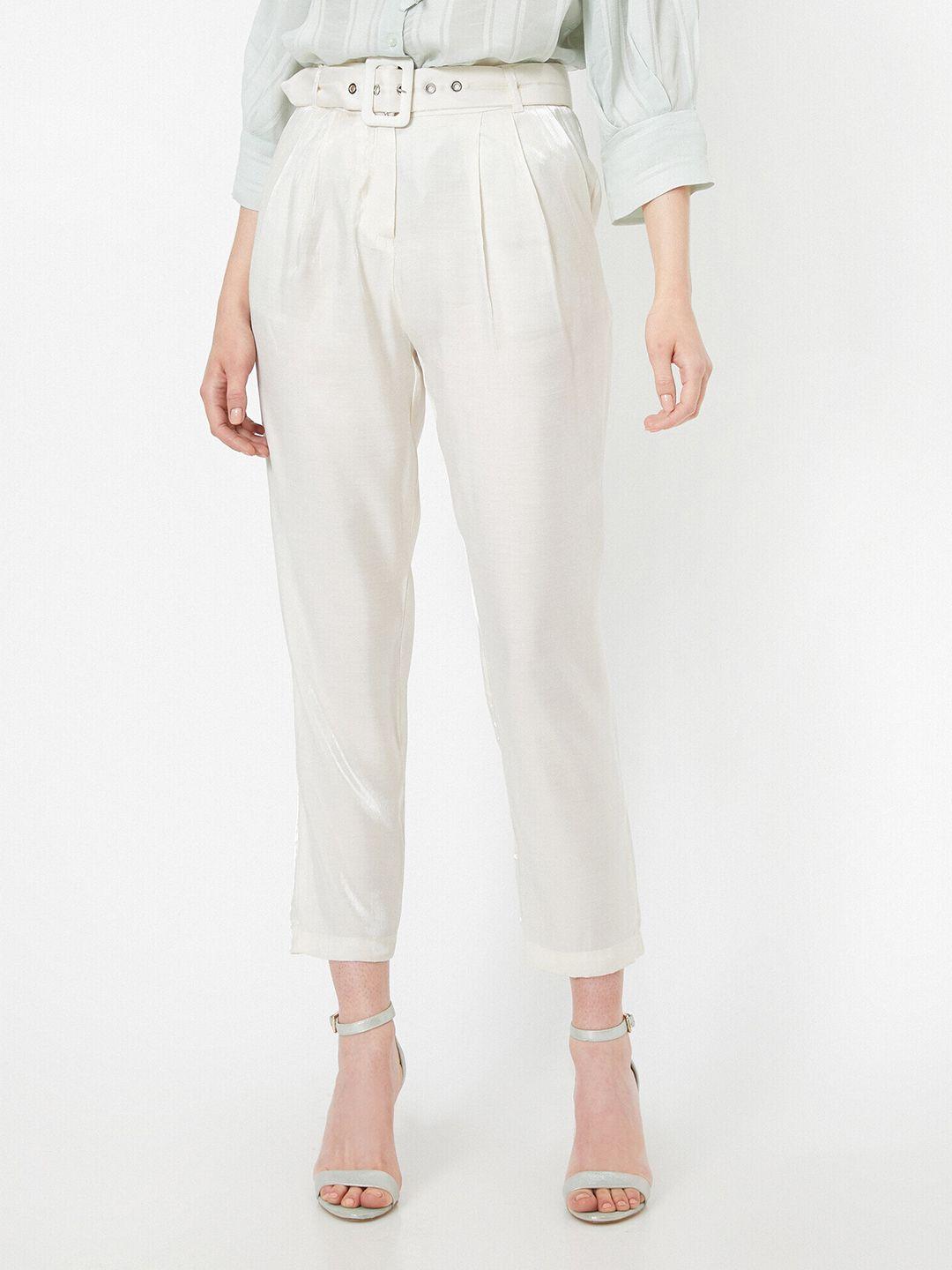 koton women off white solid pleated trousers with belt