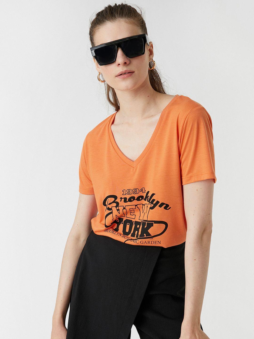 koton women orange & black typography printed v-neck t-shirt