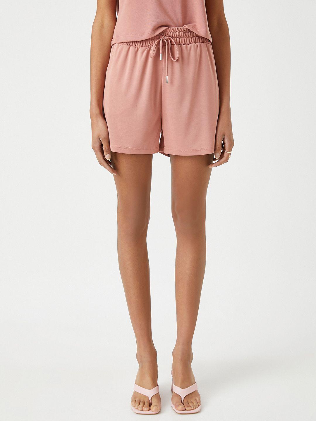 koton women peach-coloured solid knitted  shorts