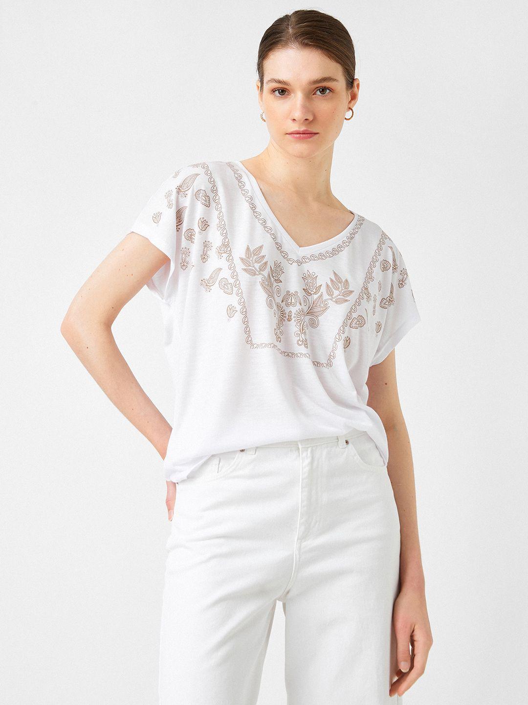koton women white & beige floral print v-neck extended sleeves t-shirt