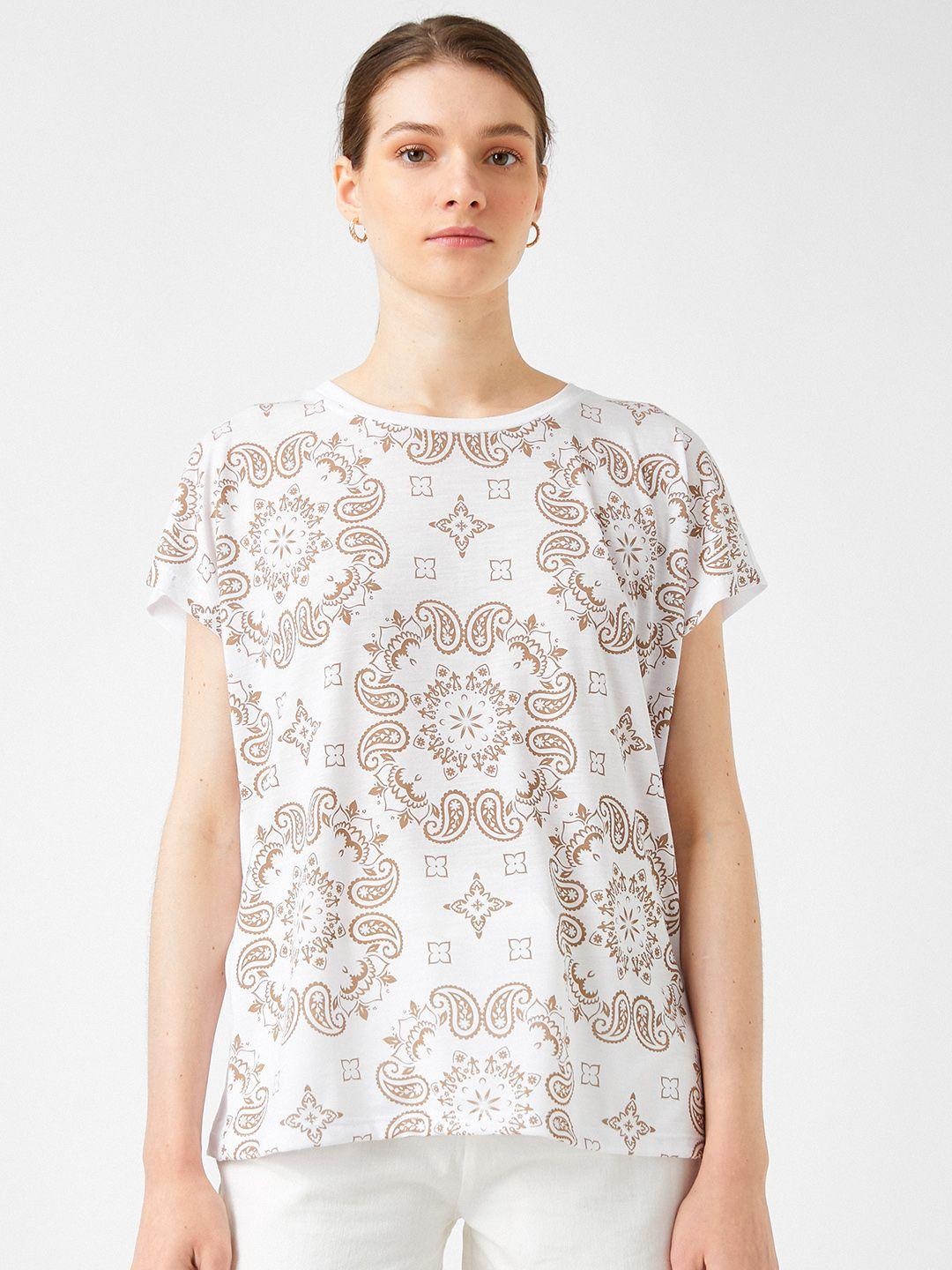 koton women white & beige paisley print extended sleeves t-shirt