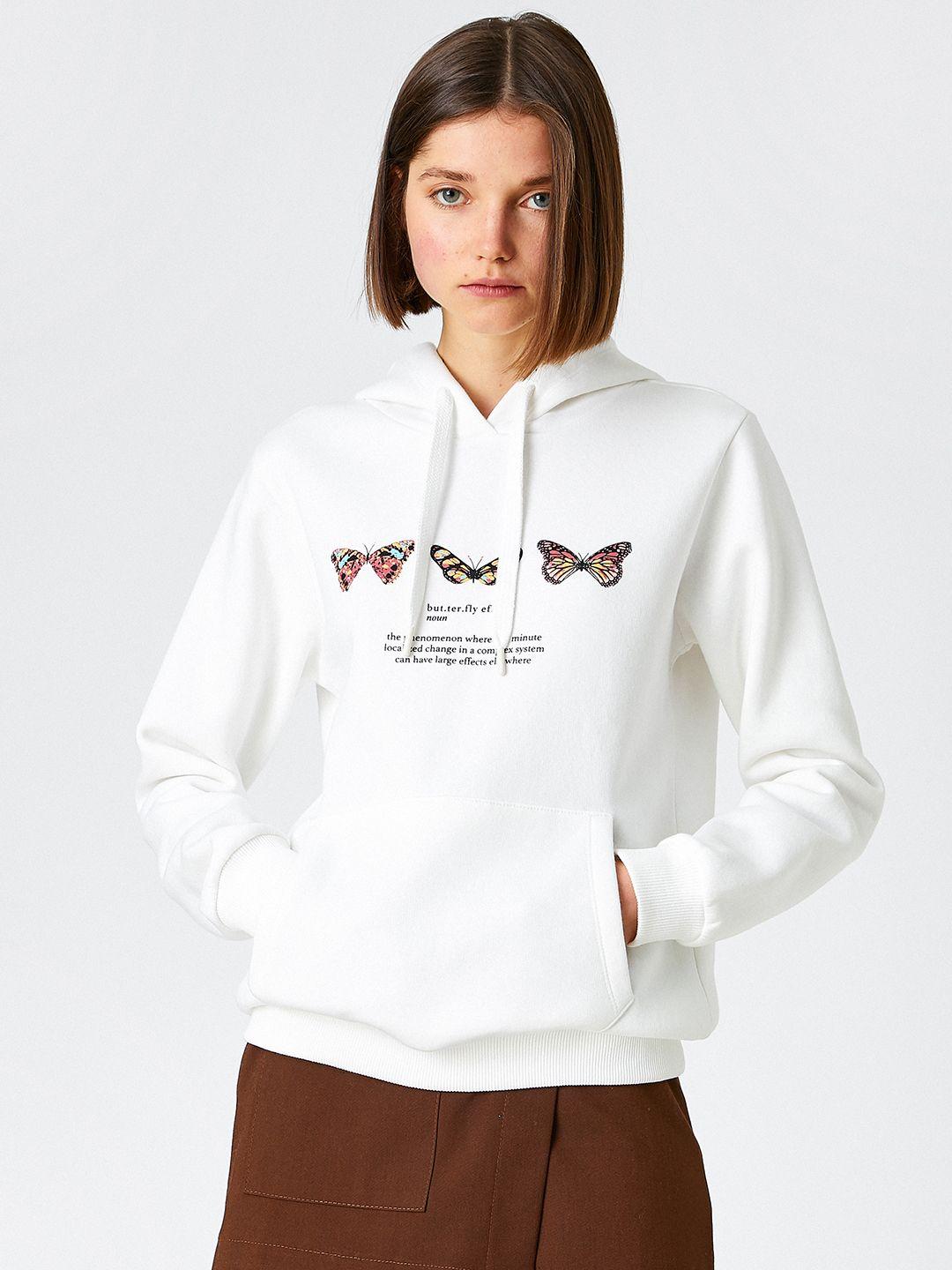 koton women white & black printed hooded sweatshirt
