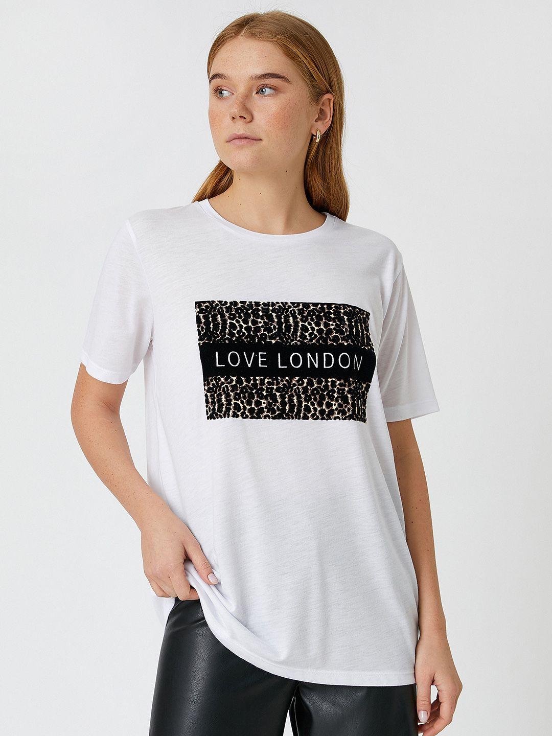 koton women white & black printed velvet detail t-shirt