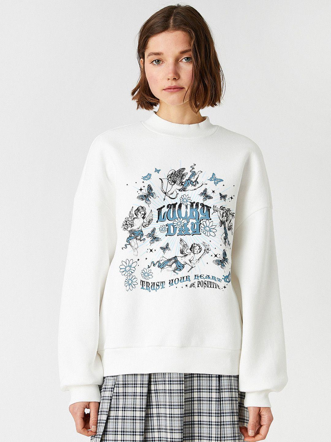 koton women white & blue printed sweatshirt