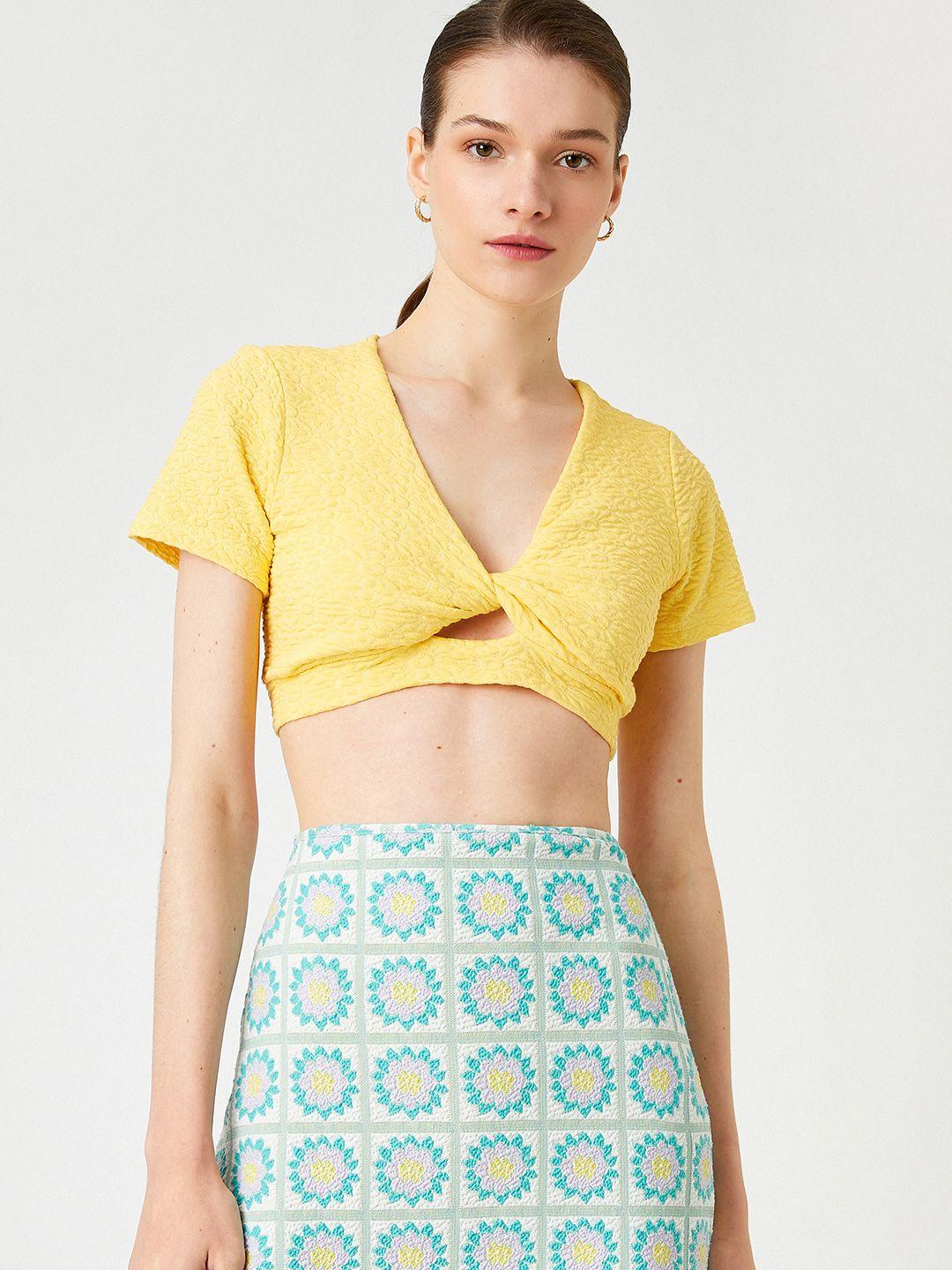 koton yellow floral design twisted crop top
