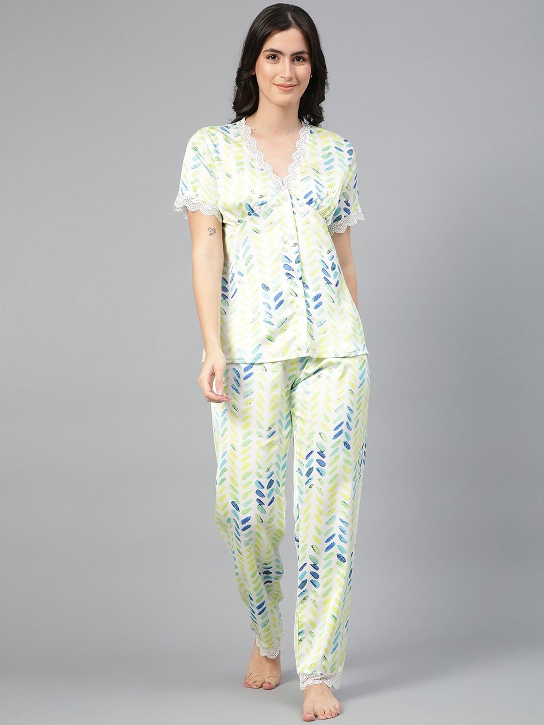 kotty blue & white abstract printed satin night suit
