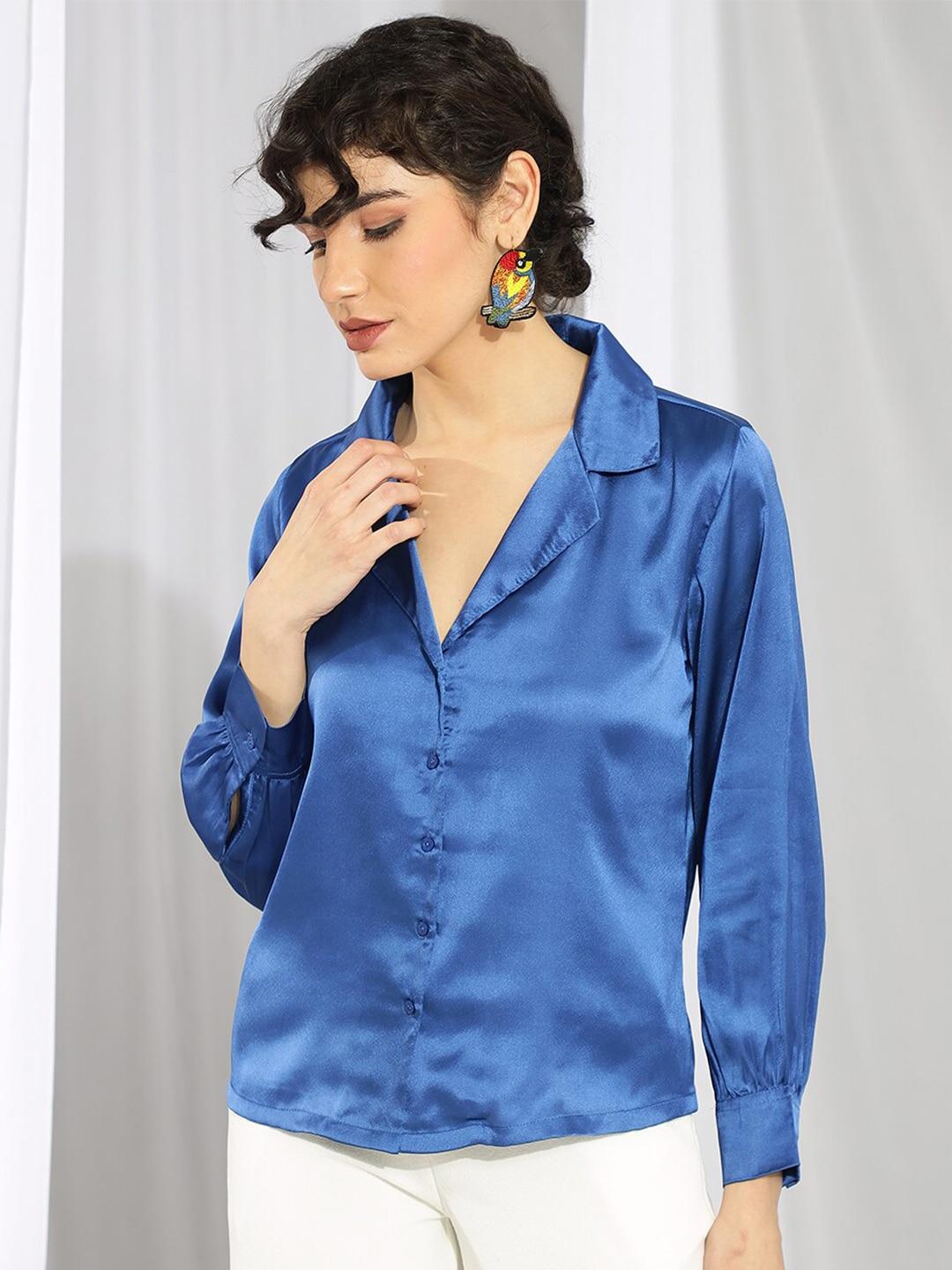 kotty blue cuffed sleeves satin shirt style top