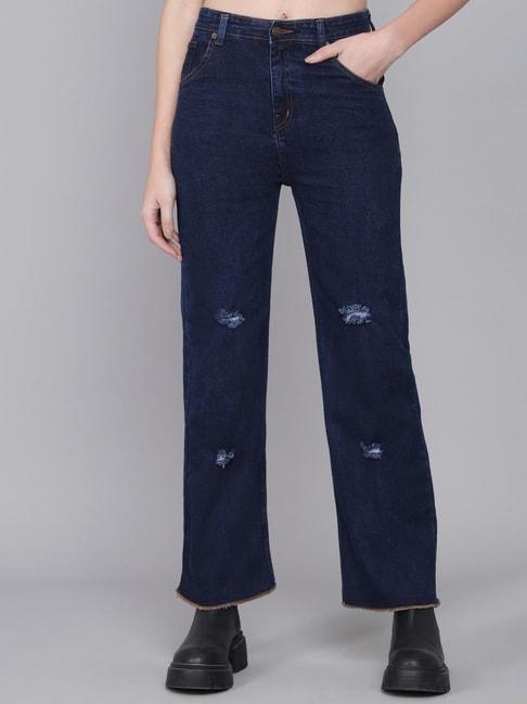 kotty dark blue flared fit heavily washed jeans