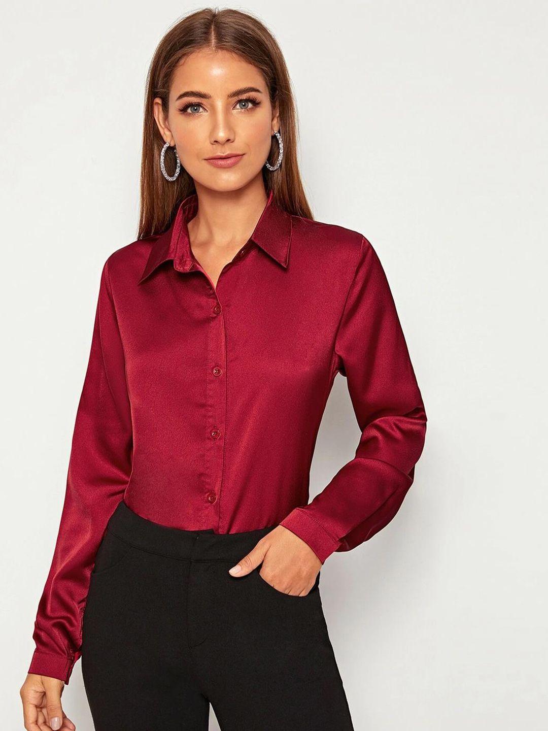 kotty maroon modern spread collar satin casual shirt
