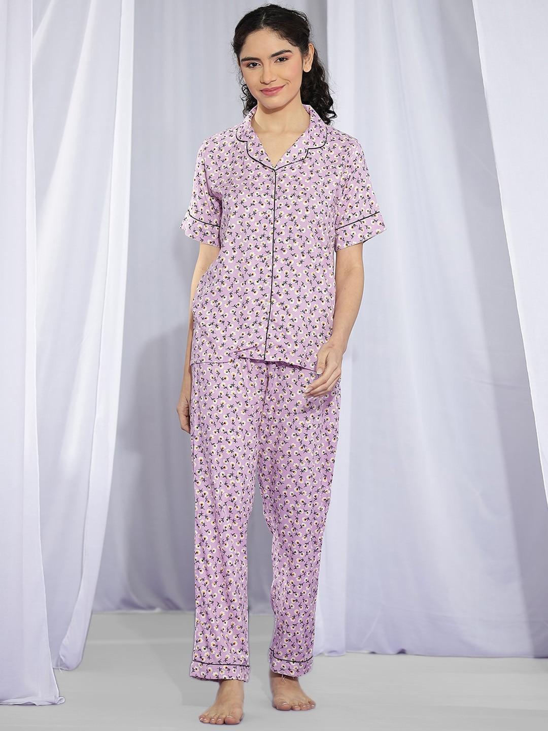 kotty purple & white floral printed night suit