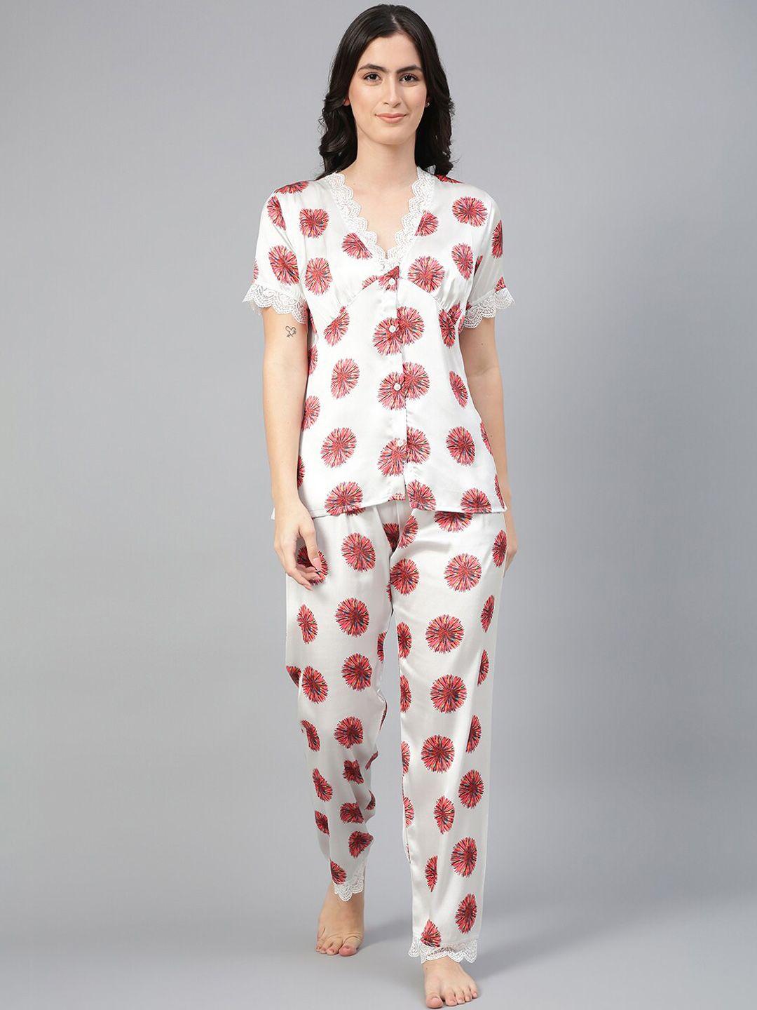 kotty white & red floral printed satin night suit