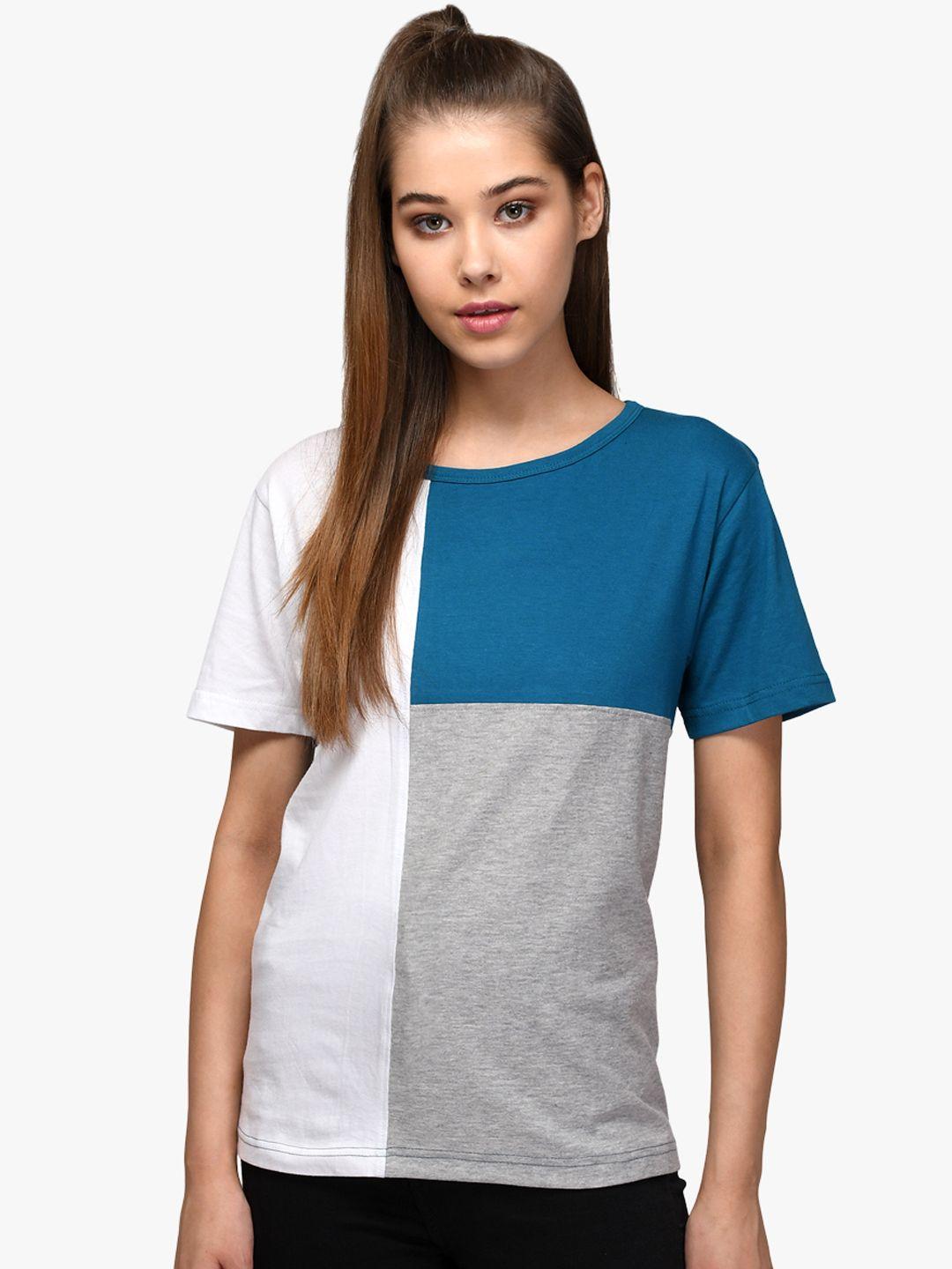 kotty women blue & grey colourblocked round neck t-shirt