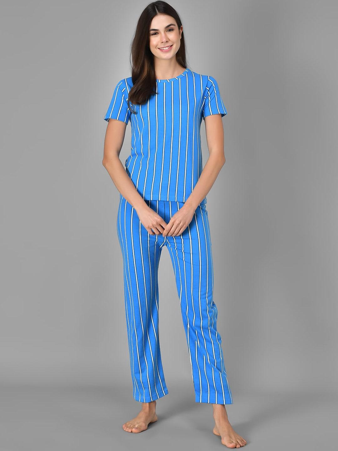 kotty women blue & white striped night suit