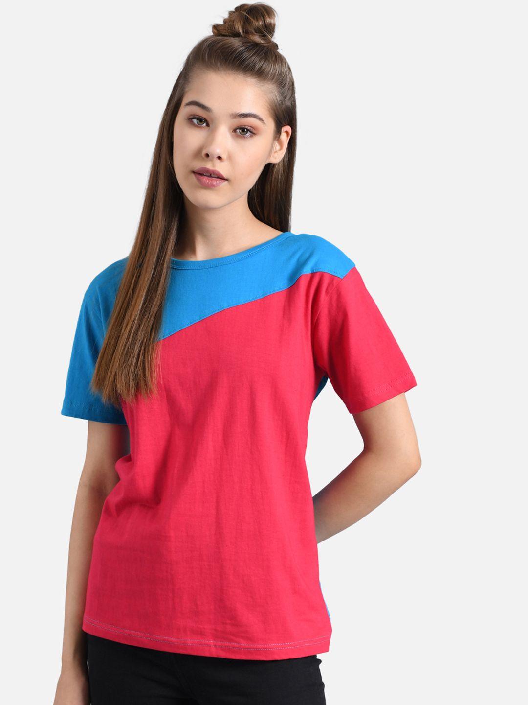 kotty women blue colourblocked round neck t-shirt