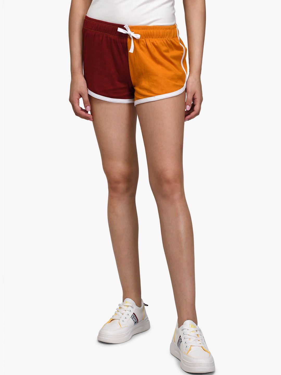 kotty women maroon & yellow colourblocked regular fit shorts