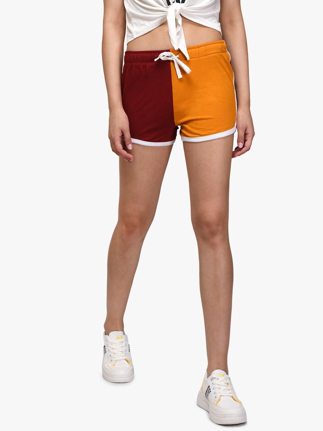kotty women maroon colourblocked regular fit shorts