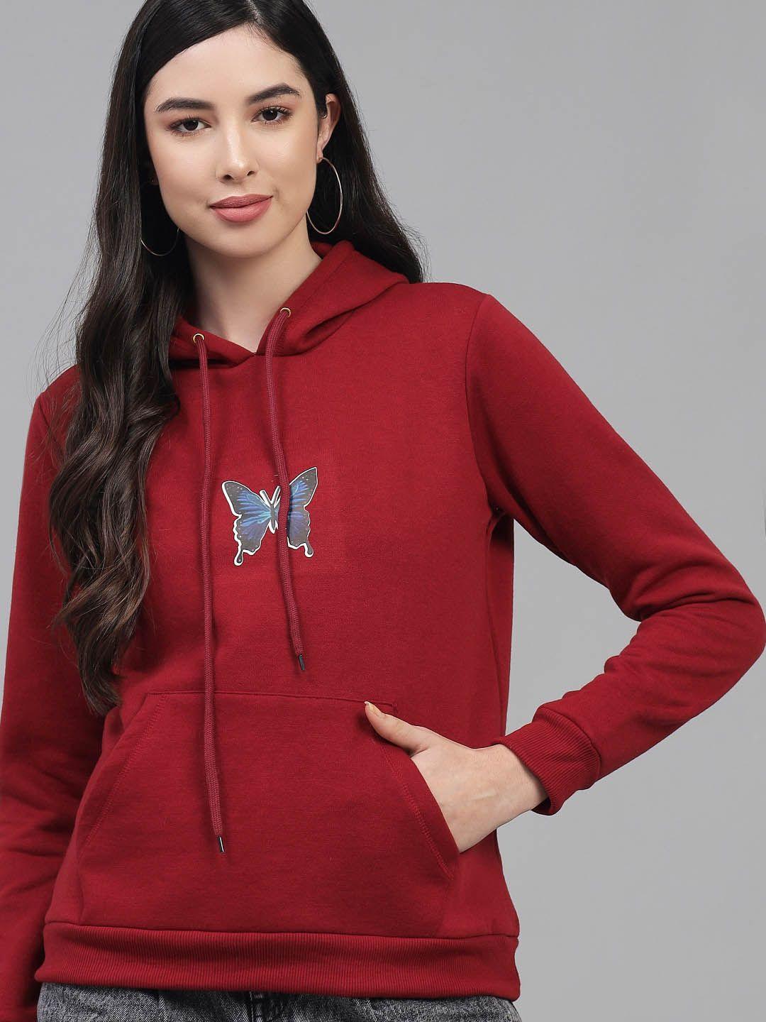 kotty women maroon printed hooded sweatshirt