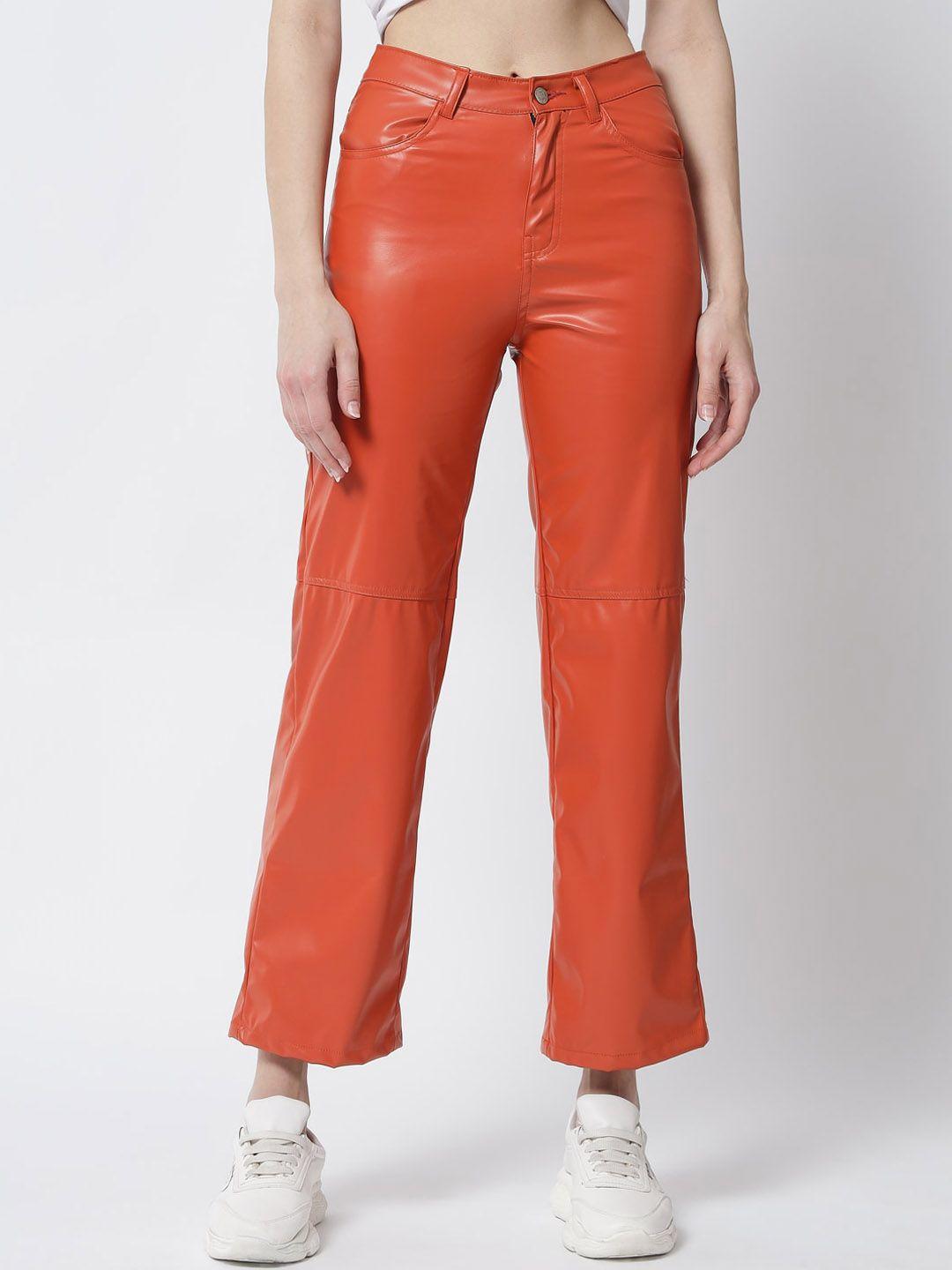 kotty women orange relaxed straight fit ankle length trousers
