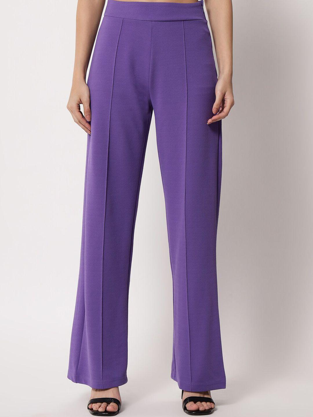 kotty women purple relaxed straight fit high-rise easy wash trouser