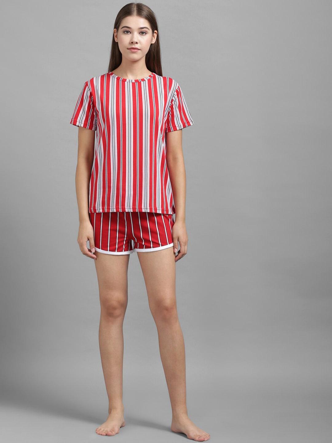 kotty women red & white striped night suit