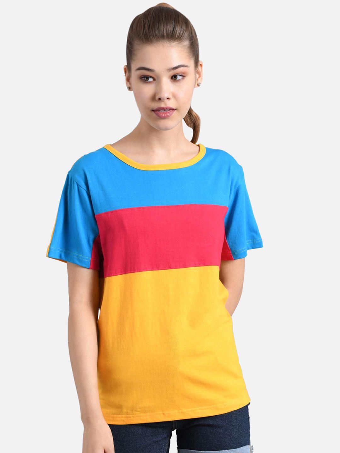 kotty women yellow & red colourblocked boat neck t-shirt