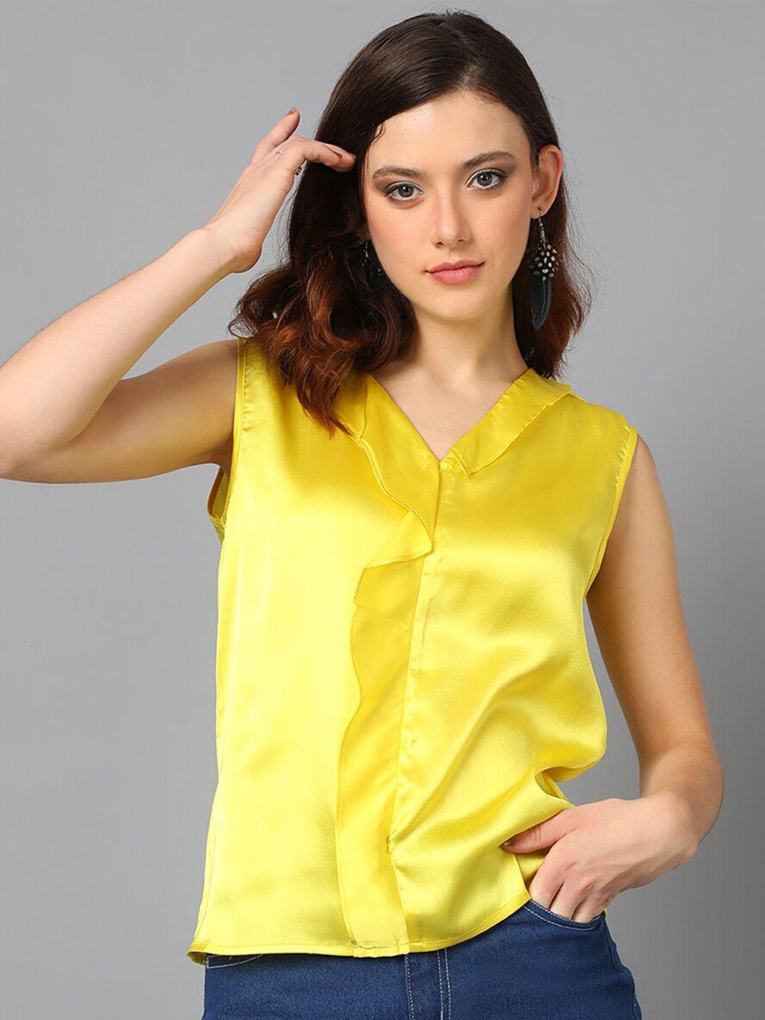 kotty yellow sleeveless satin shirt style top