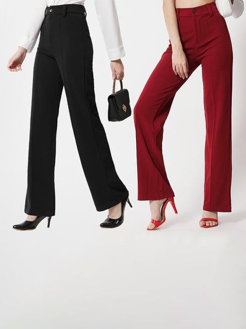 kotty black & maroon straight fit high rise trousers (pack of 2)