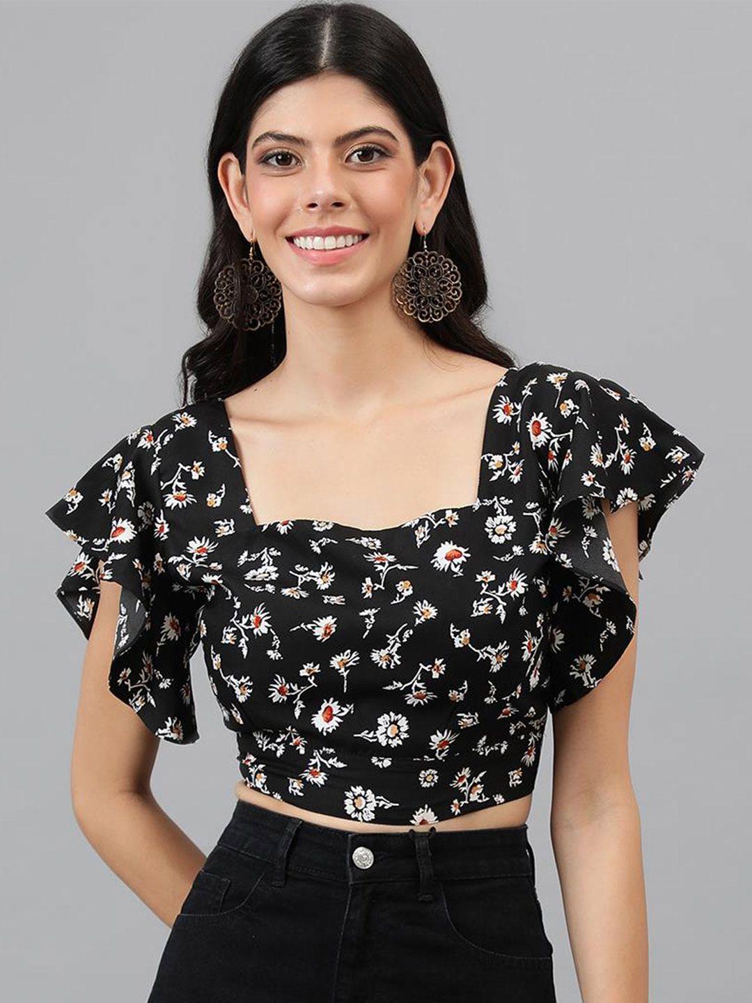 kotty black floral print flutter sleeve crop top