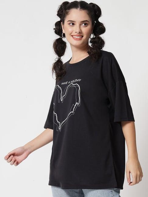 kotty black round neck printed t-shirt