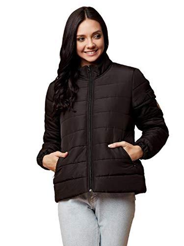 kotty black solid nylon women winter padded jacket (black-l)