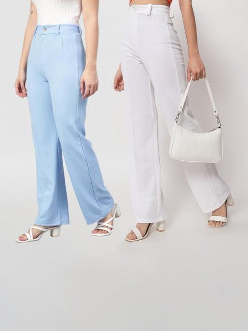 kotty blue & white solid high rise trousers (pack of 2)