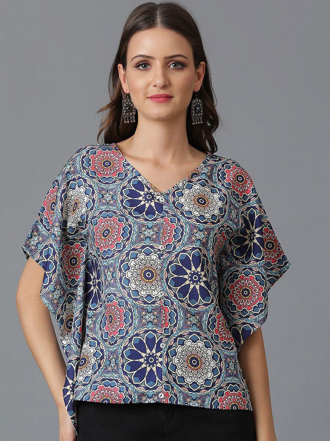 kotty blue print kimono sleeve crepe top