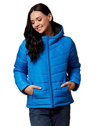 kotty blue solid nylon women winter padded jacket (blue-l)