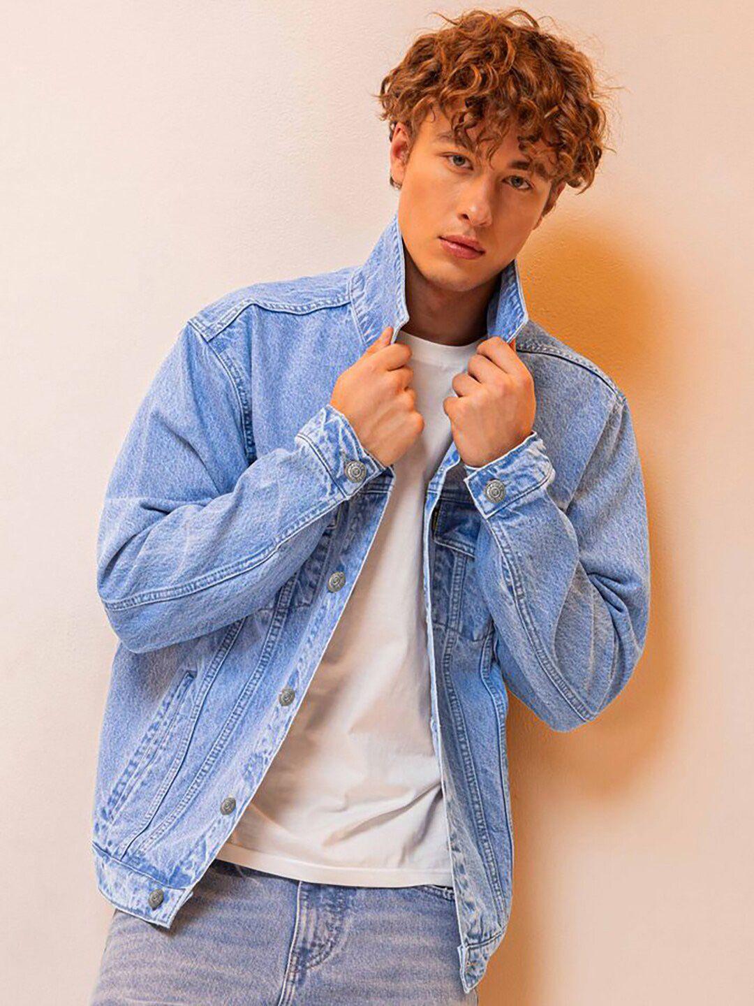 kotty blue spread collar washed denim jacket