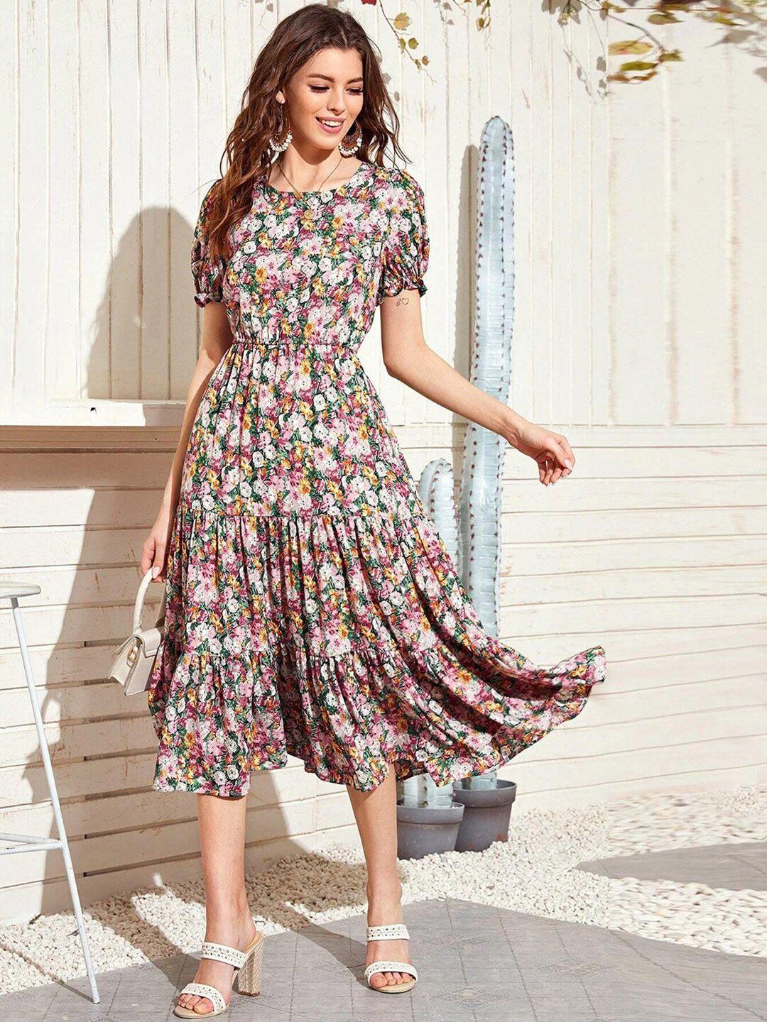 kotty floral printed puff sleeves midi fit & flare dress